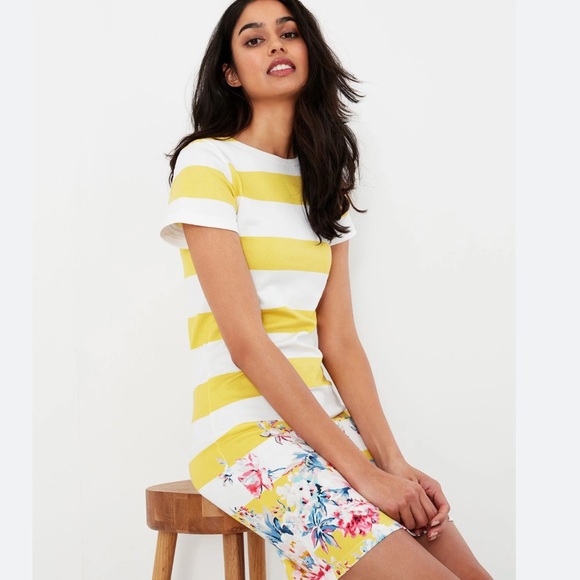 Joules new riviera stripe dress lemon yellow white floral 2 - Picture 2 of 5